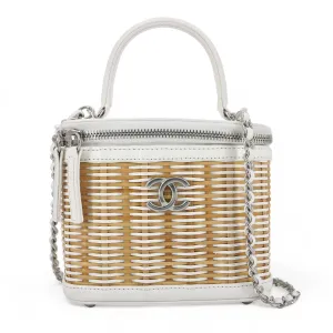 21C White Rattan Wicker Small Vanity Case with Top Handle