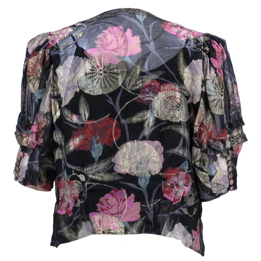30s Gold Lame Floral Blouse  with Draped Neckline
