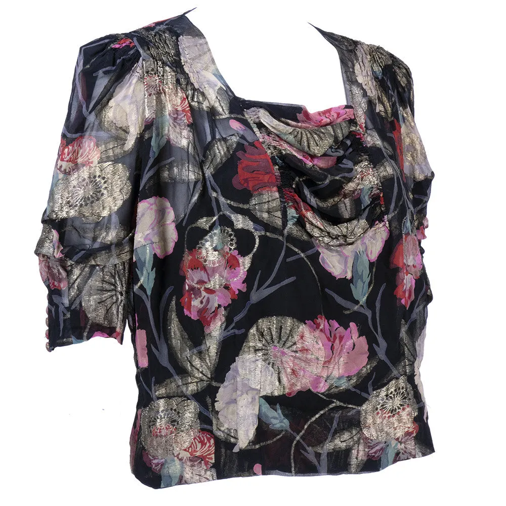 30s Gold Lame Floral Blouse  with Draped Neckline