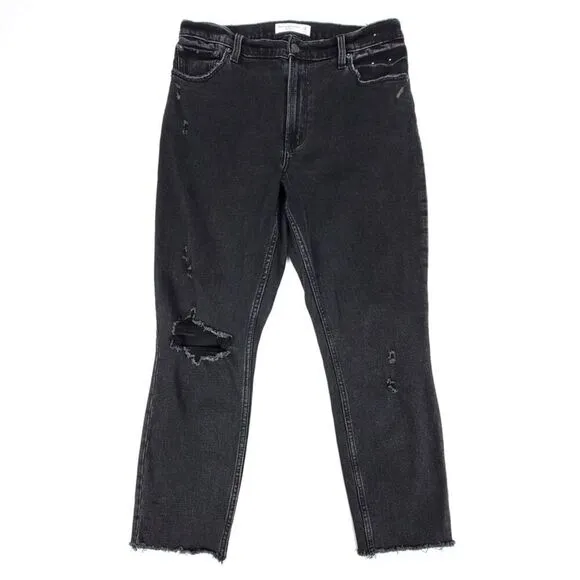 ABERCROMBIE High Rise Skinny Raw Hem Distressed Ankle Crop Jeans Black 29 Short