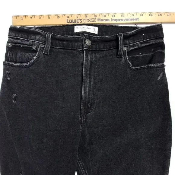 ABERCROMBIE High Rise Skinny Raw Hem Distressed Ankle Crop Jeans Black 29 Short