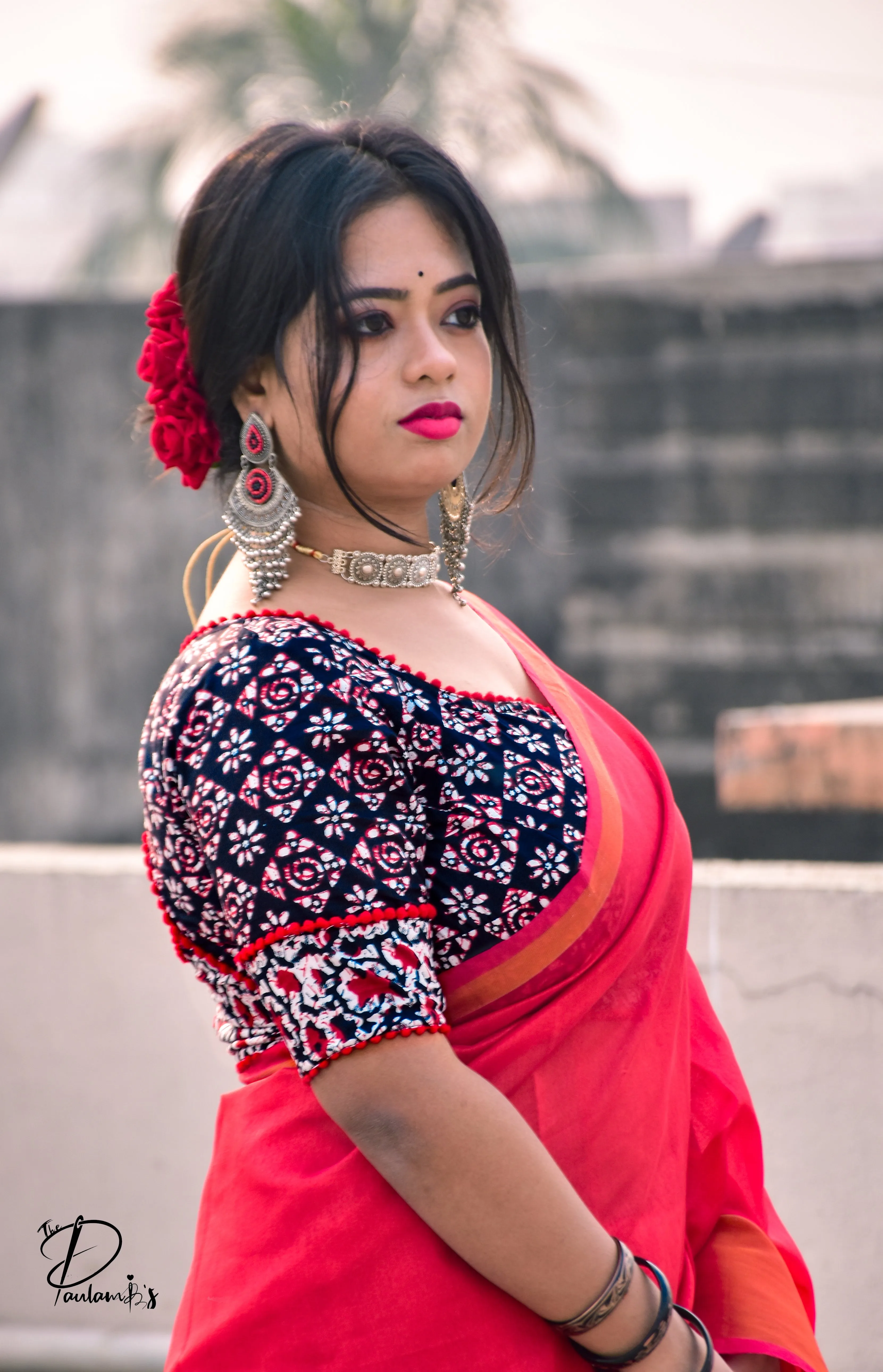 Ahir - A Black & White Cotton Blouse with Red Pompom