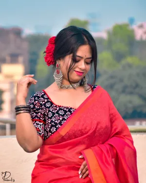Ahir - A Black & White Cotton Blouse with Red Pompom