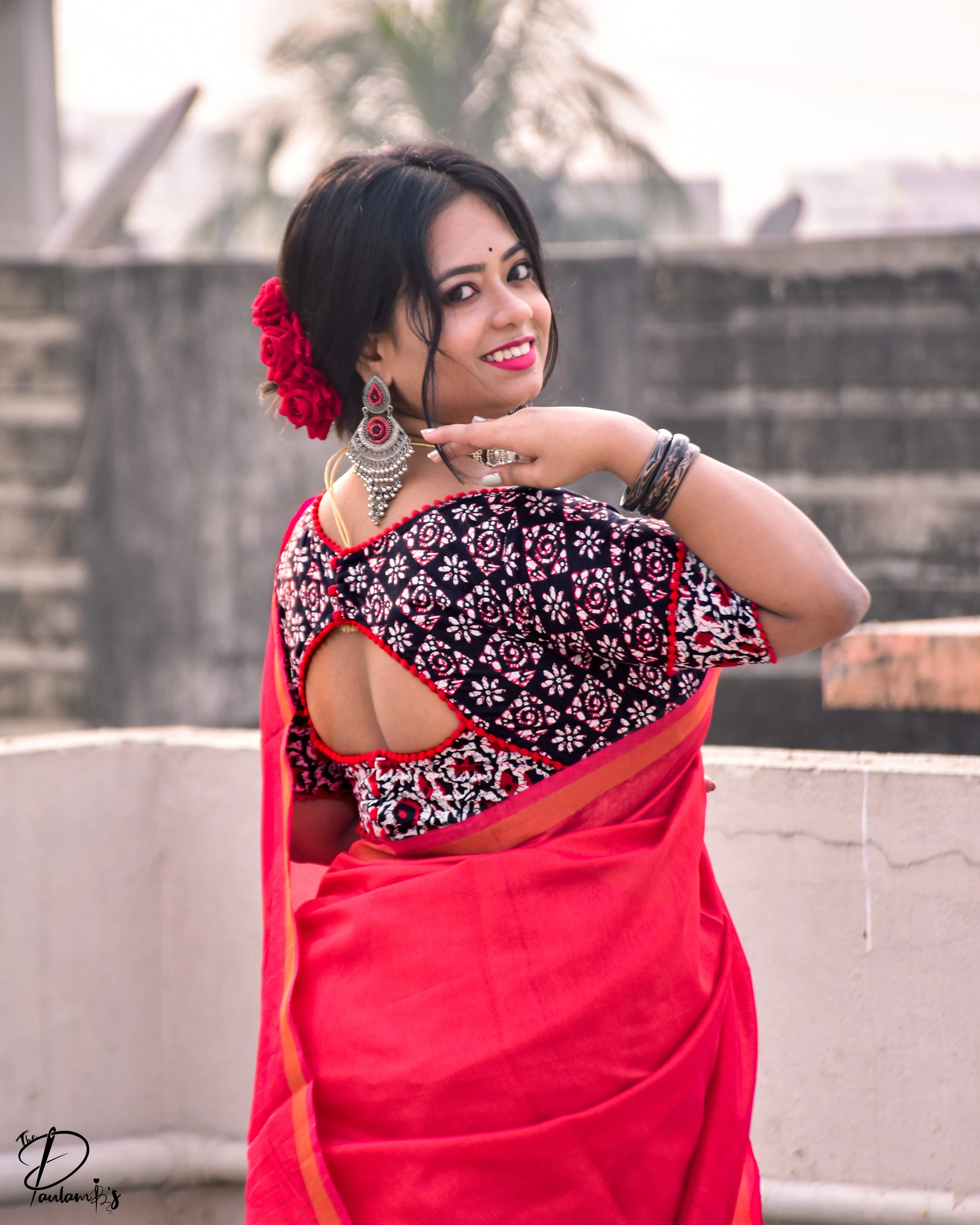 Ahir - A Black & White Cotton Blouse with Red Pompom