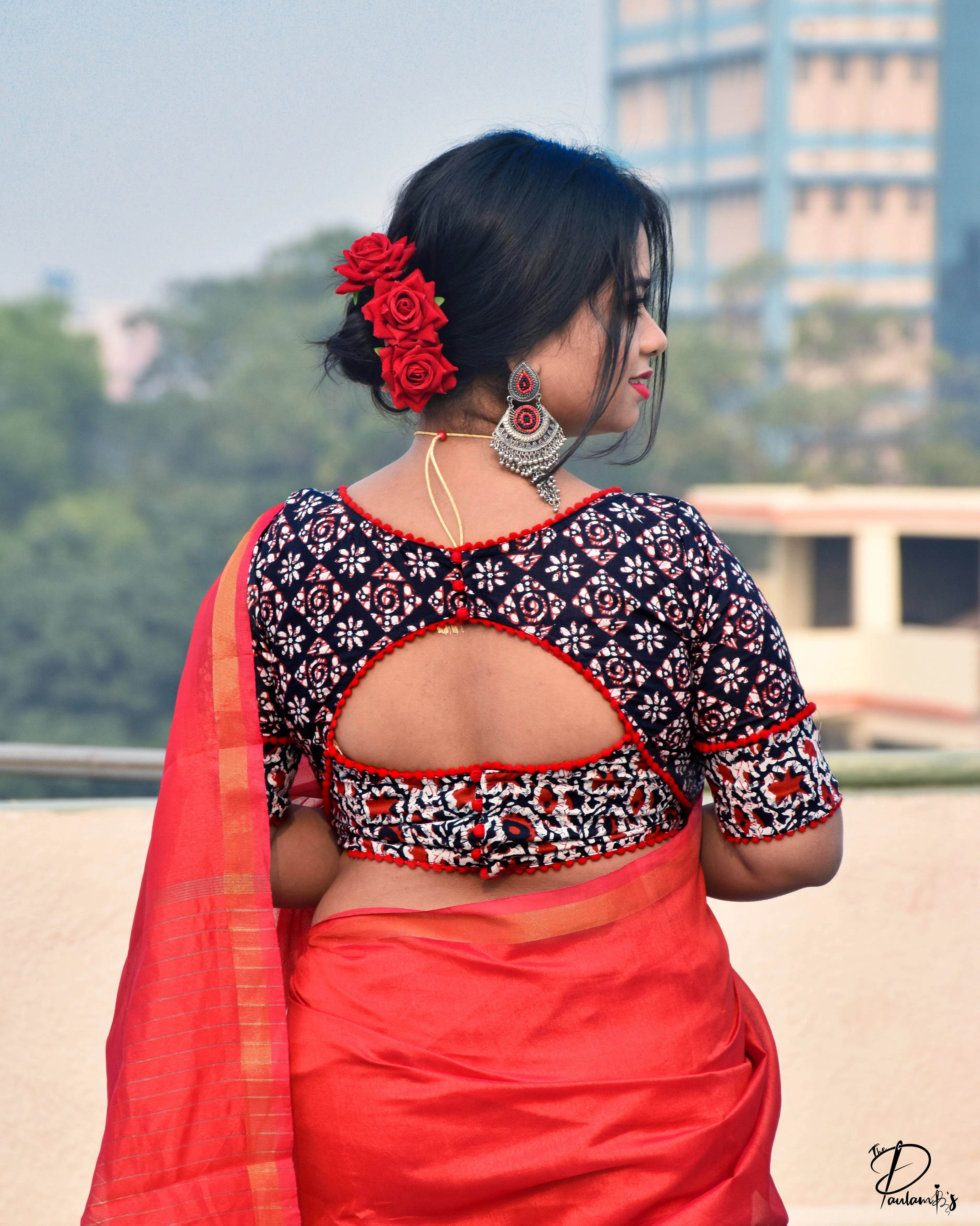 Ahir - A Black & White Cotton Blouse with Red Pompom
