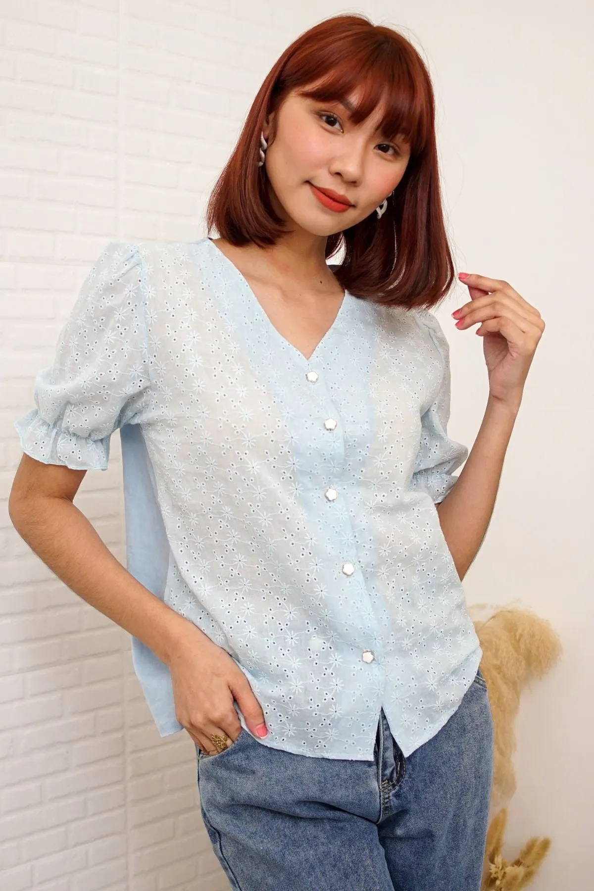 ALIVIA Buttoned Puff-Sleeve Eyelet Top (Powder Blue)