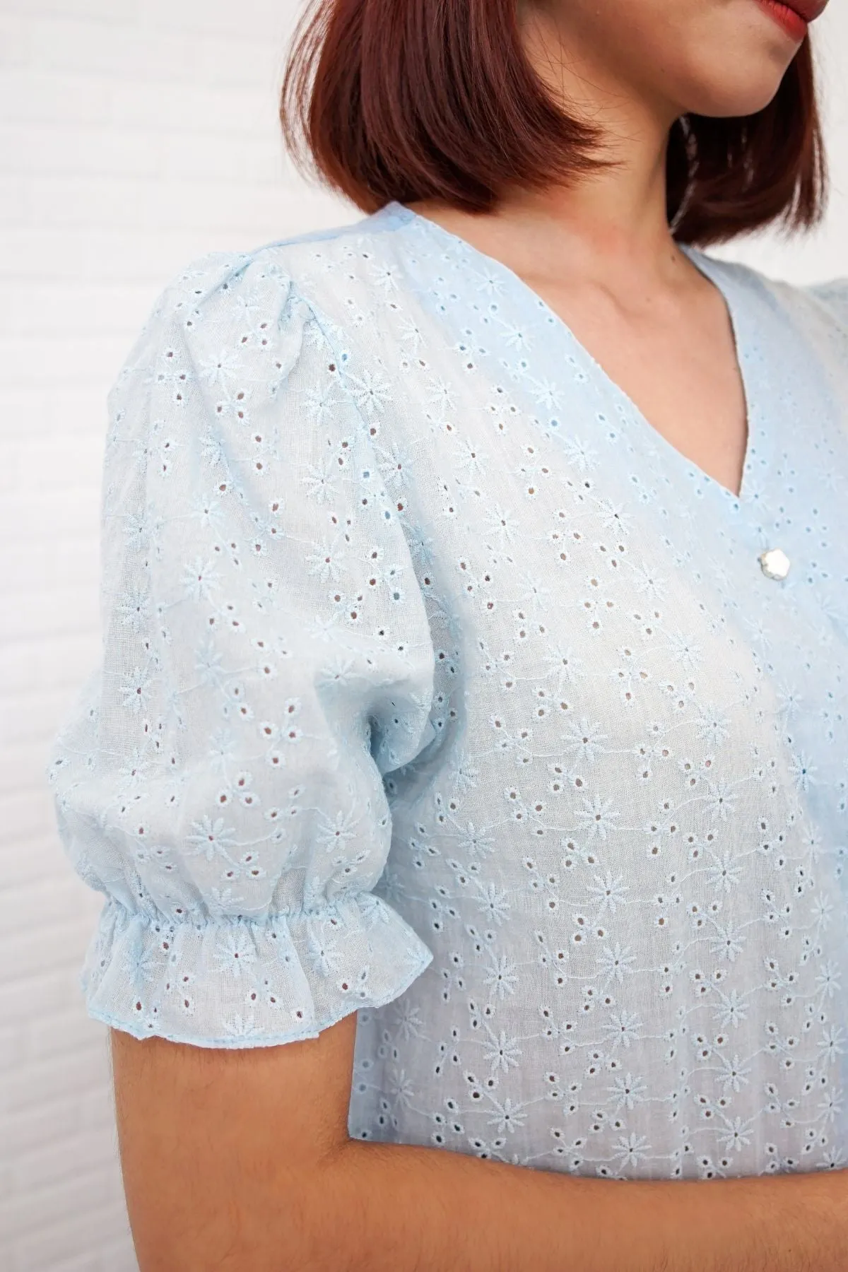 ALIVIA Buttoned Puff-Sleeve Eyelet Top (Powder Blue)