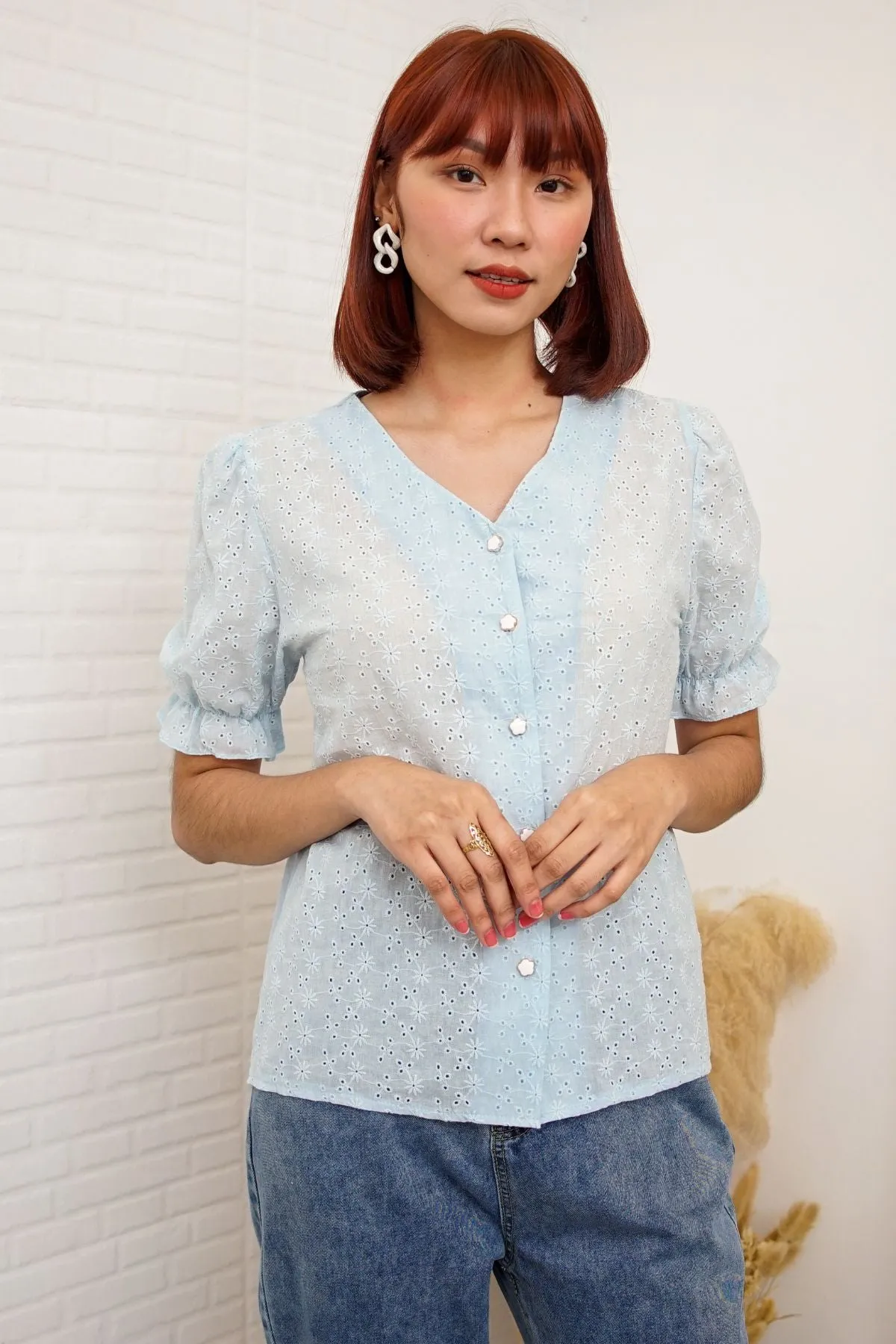 ALIVIA Buttoned Puff-Sleeve Eyelet Top (Powder Blue)