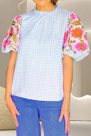 Alva Embroidered Plaid Round Neck Short Sleeve Blouse