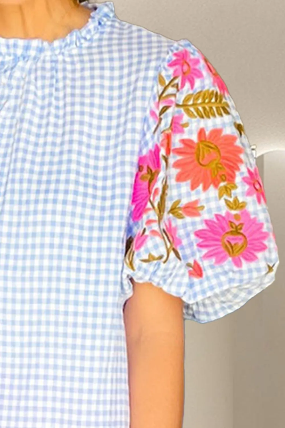 Alva Embroidered Plaid Round Neck Short Sleeve Blouse