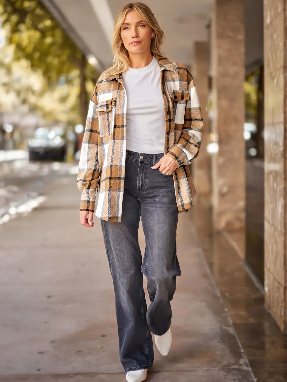 AUTOMET Womens Fall Outfits Fashion Clothes Shackets Flannel Plaid Button Down Long Sleeve Shirts Jackets 2024 Apricot XS