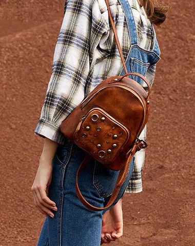 Best Vintage Rivet Green Leather Rucksack Bag Womens Small School Backpacks Leather Backpack Purse