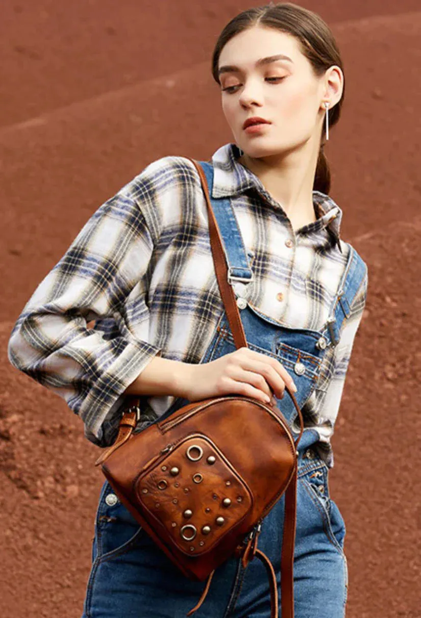 Best Vintage Rivet Green Leather Rucksack Bag Womens Small School Backpacks Leather Backpack Purse