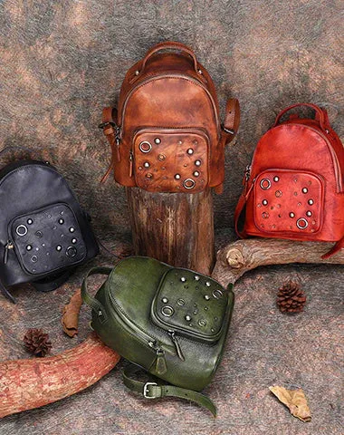 Best Vintage Rivet Green Leather Rucksack Bag Womens Small School Backpacks Leather Backpack Purse