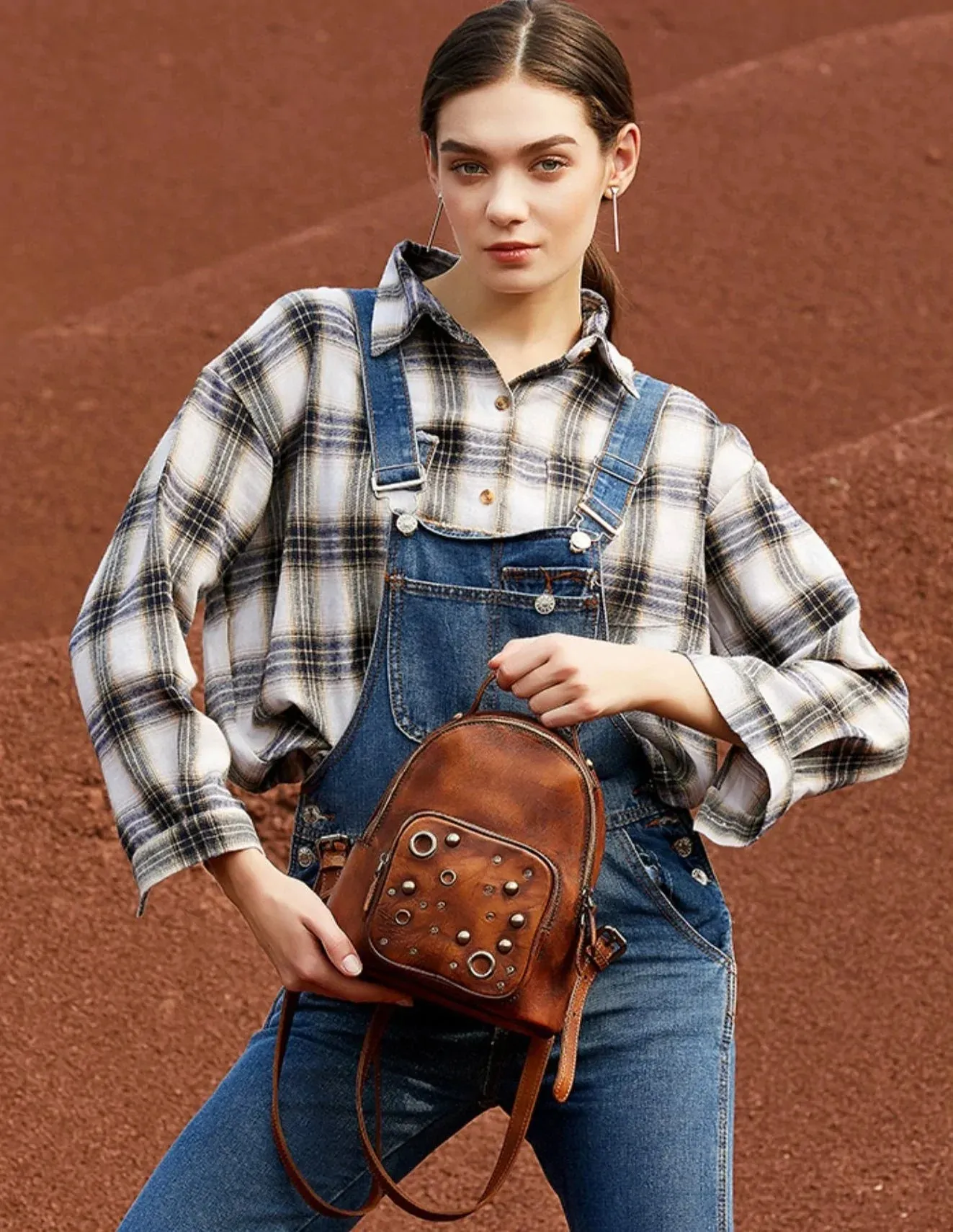 Best Vintage Rivet Green Leather Rucksack Bag Womens Small School Backpacks Leather Backpack Purse