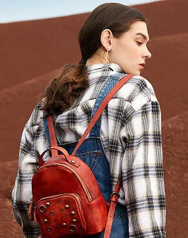 Best Vintage Rivet Green Leather Rucksack Bag Womens Small School Backpacks Leather Backpack Purse