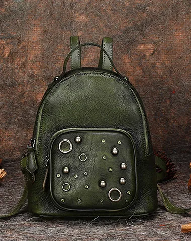 Best Vintage Rivet Green Leather Rucksack Bag Womens Small School Backpacks Leather Backpack Purse
