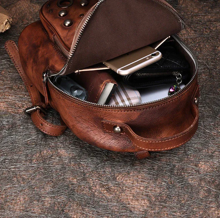 Best Vintage Rivet Green Leather Rucksack Bag Womens Small School Backpacks Leather Backpack Purse