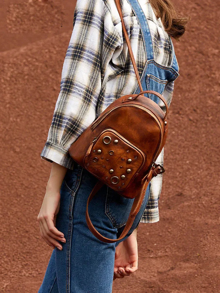 Best Vintage Rivet Green Leather Rucksack Bag Womens Small School Backpacks Leather Backpack Purse