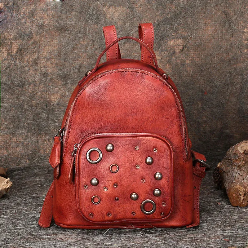 Best Vintage Rivet Green Leather Rucksack Bag Womens Small School Backpacks Leather Backpack Purse