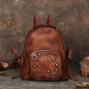 Best Vintage Rivet Green Leather Rucksack Bag Womens Small School Backpacks Leather Backpack Purse