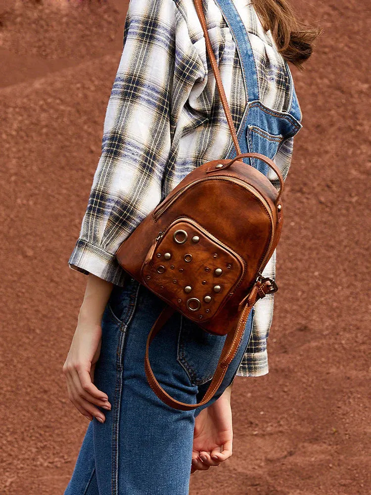 Best Vintage Rivet Green Leather Rucksack Bag Womens Small School Backpacks Leather Backpack Purse