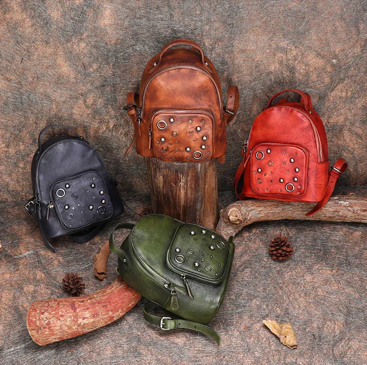 Best Vintage Rivet Green Leather Rucksack Bag Womens Small School Backpacks Leather Backpack Purse