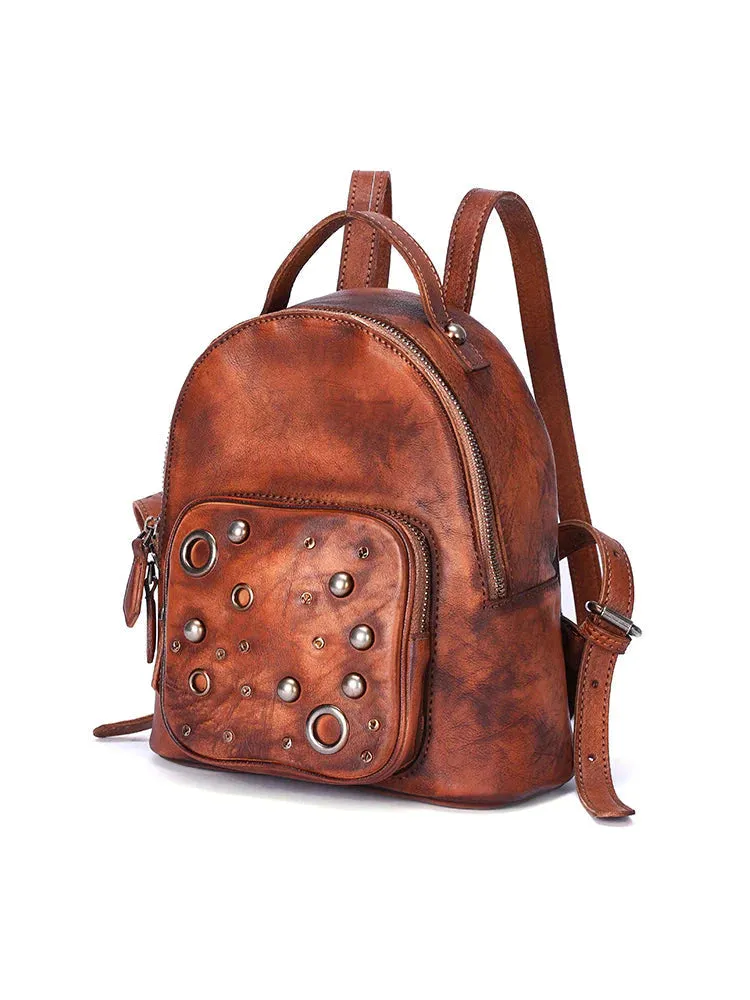 Best Vintage Rivet Green Leather Rucksack Bag Womens Small School Backpacks Leather Backpack Purse