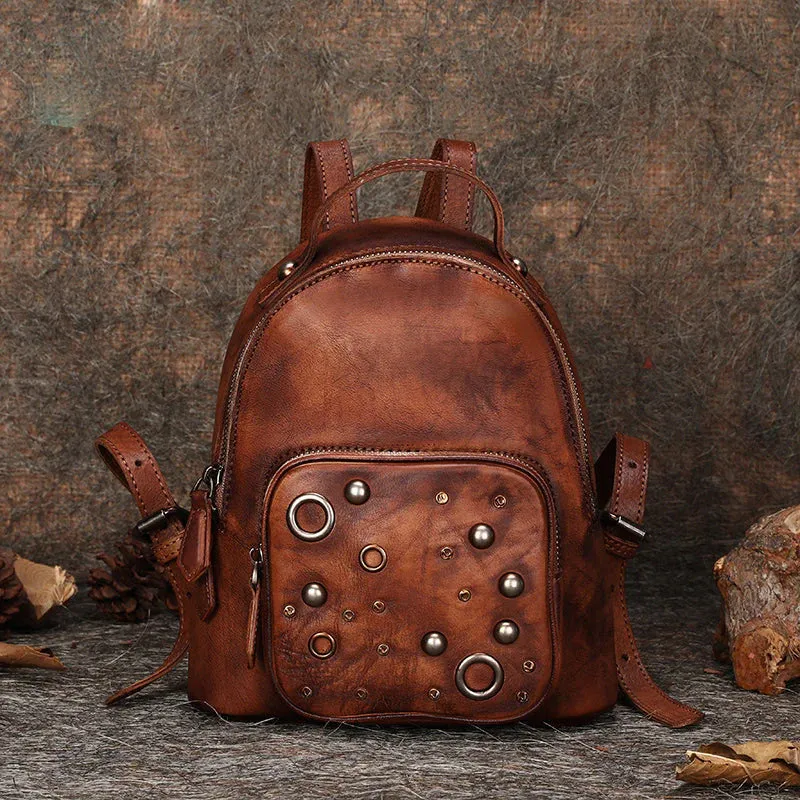 Best Vintage Rivet Green Leather Rucksack Bag Womens Small School Backpacks Leather Backpack Purse