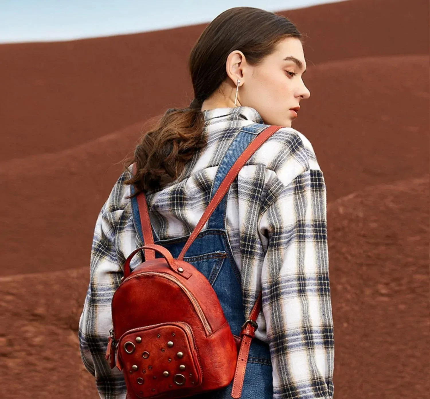Best Vintage Rivet Green Leather Rucksack Bag Womens Small School Backpacks Leather Backpack Purse