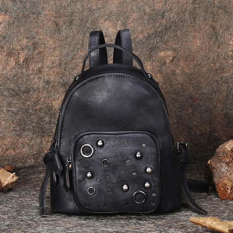 Best Vintage Rivet Green Leather Rucksack Bag Womens Small School Backpacks Leather Backpack Purse