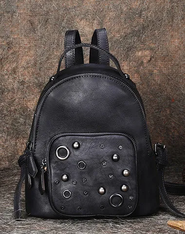 Best Vintage Rivet Green Leather Rucksack Bag Womens Small School Backpacks Leather Backpack Purse