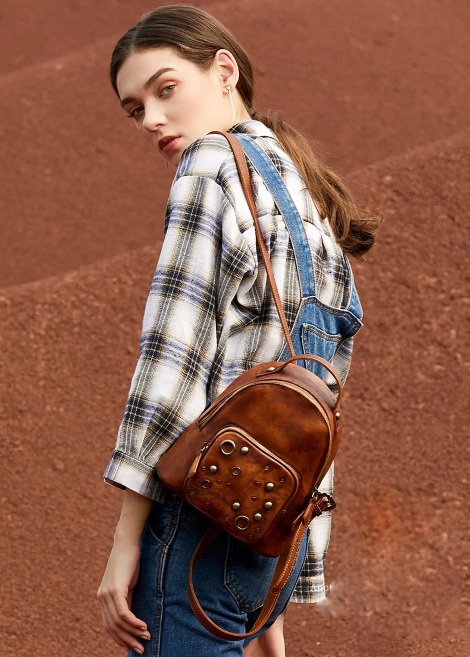 Best Vintage Rivet Green Leather Rucksack Bag Womens Small School Backpacks Leather Backpack Purse