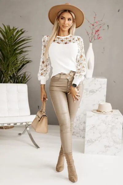 Betty Hollowed Floral Lace Spliced Long Sleeve Blouse