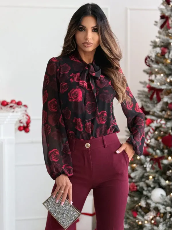 Black Floral Sheer Tie Up Blouse