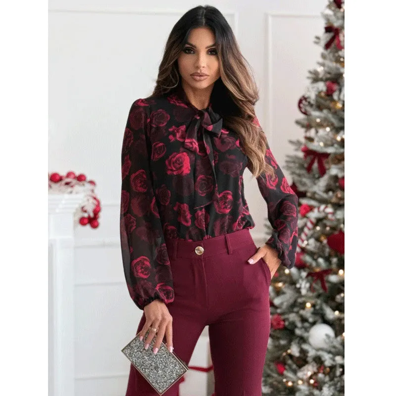 Black Floral Sheer Tie Up Blouse
