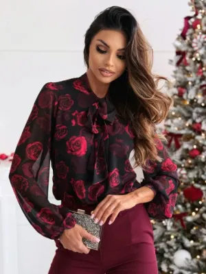 Black Floral Sheer Tie Up Blouse