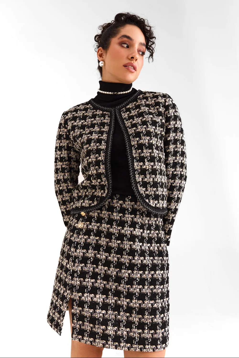 Black Houndstooth Boucle Jacket