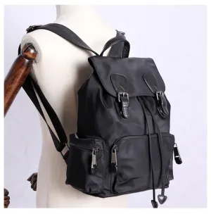 Black Nylon Backpack Womens School Backpacks Bag Nylon Leather Travel Rucksack for Ladies