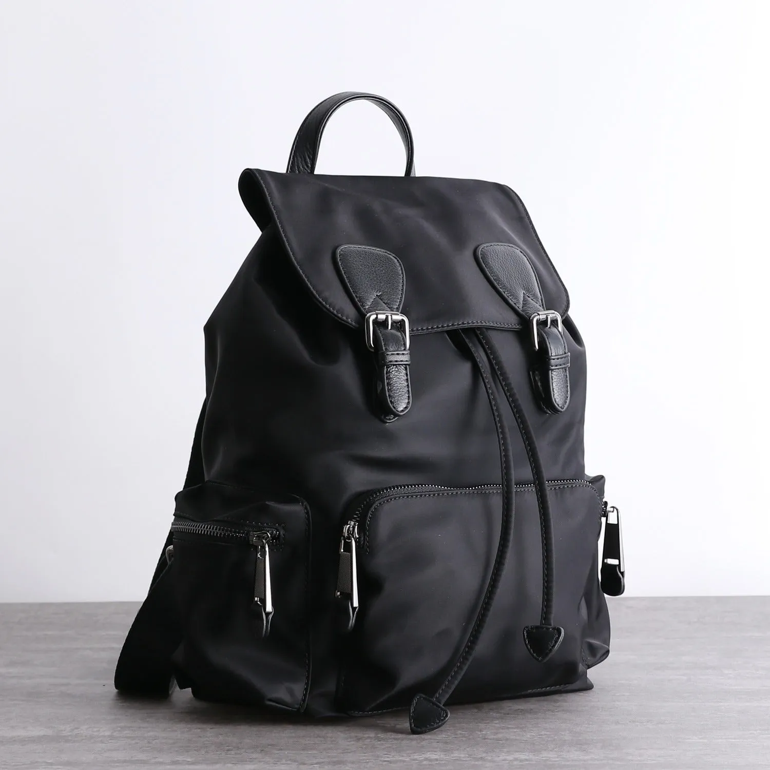 Black Nylon Backpack Womens School Backpacks Bag Nylon Leather Travel Rucksack for Ladies