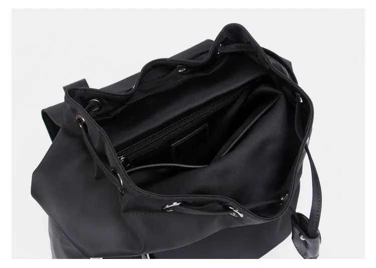 Black Nylon Backpack Womens School Backpacks Bag Nylon Leather Travel Rucksack for Ladies