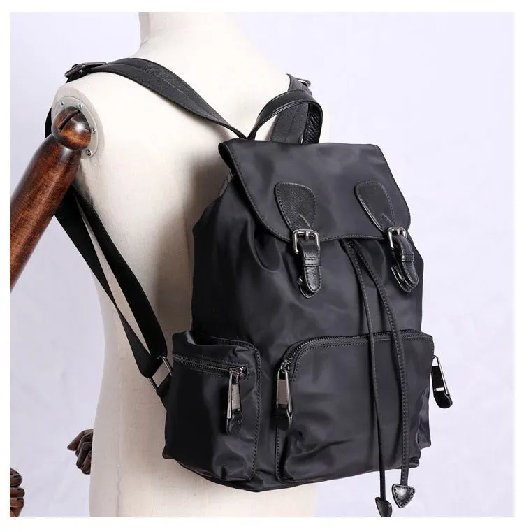 Black Nylon Backpack Womens School Backpacks Bag Nylon Leather Travel Rucksack for Ladies