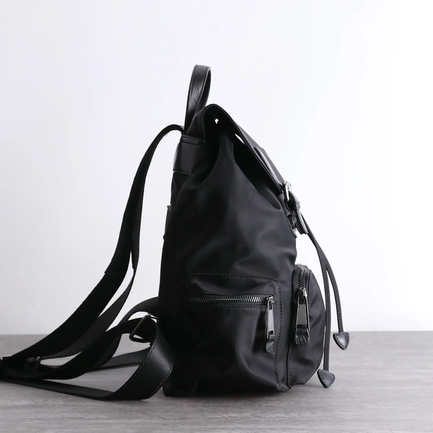 Black Nylon Backpack Womens School Backpacks Bag Nylon Leather Travel Rucksack for Ladies