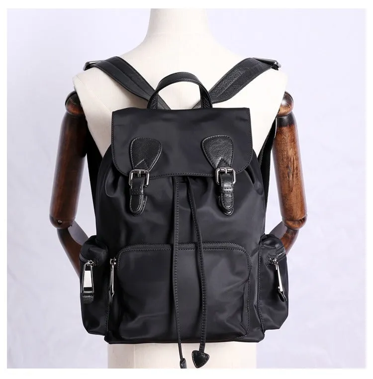 Black Nylon Backpack Womens School Backpacks Bag Nylon Leather Travel Rucksack for Ladies