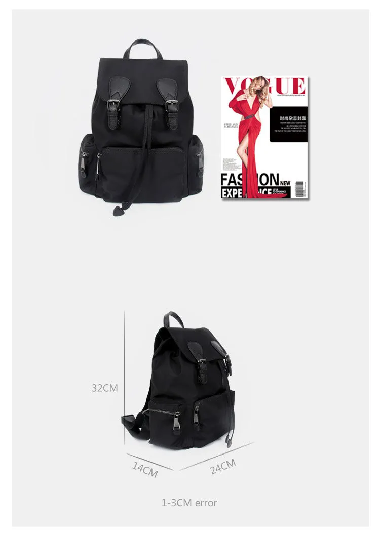 Black Nylon Backpack Womens School Backpacks Bag Nylon Leather Travel Rucksack for Ladies