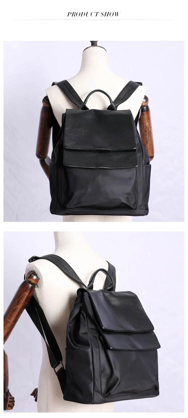 Black Nylon Satchel Backpack Womens School Backpacks Bag Nylon Leather Travel Rucksack for Ladies