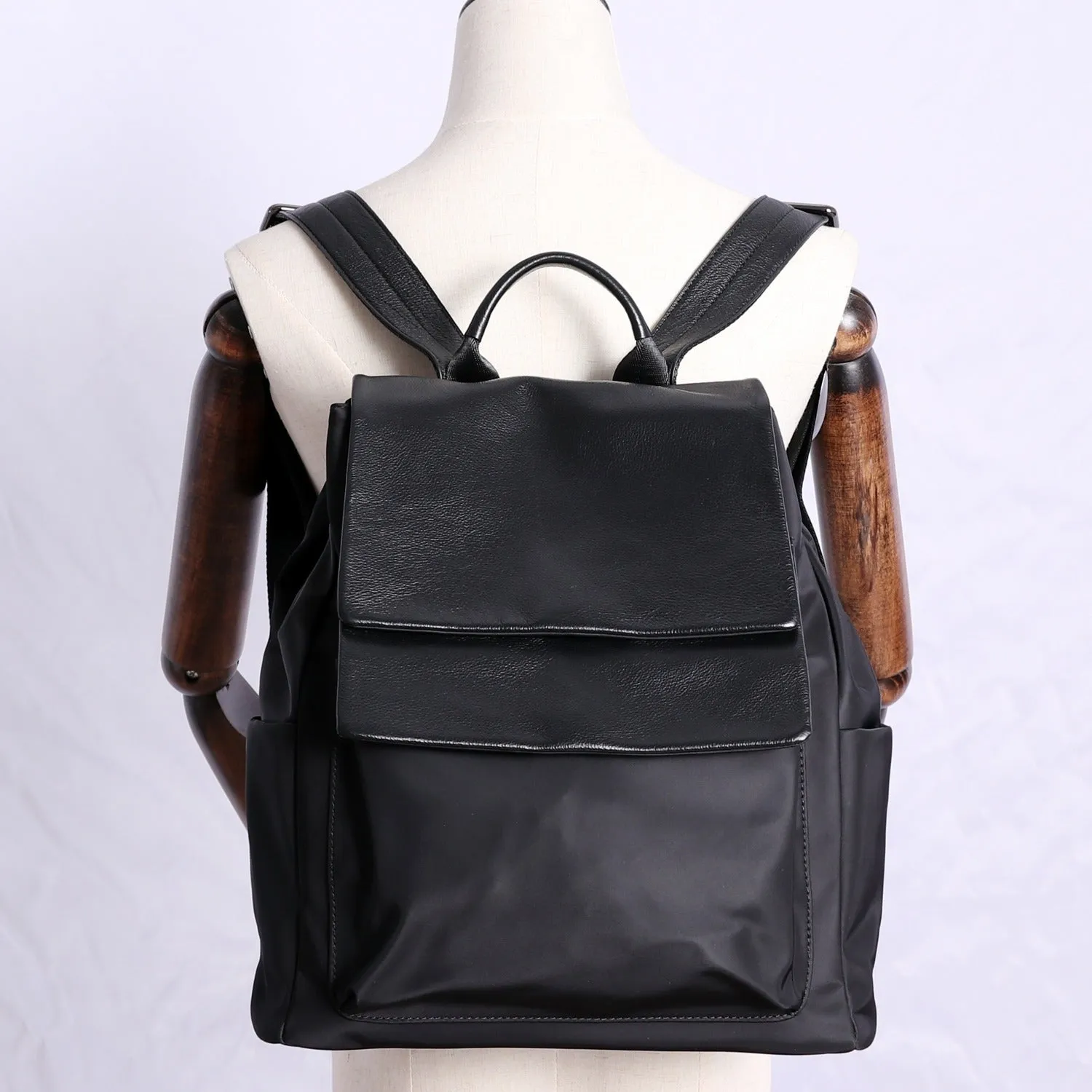 Black Nylon Satchel Backpack Womens School Backpacks Bag Nylon Leather Travel Rucksack for Ladies