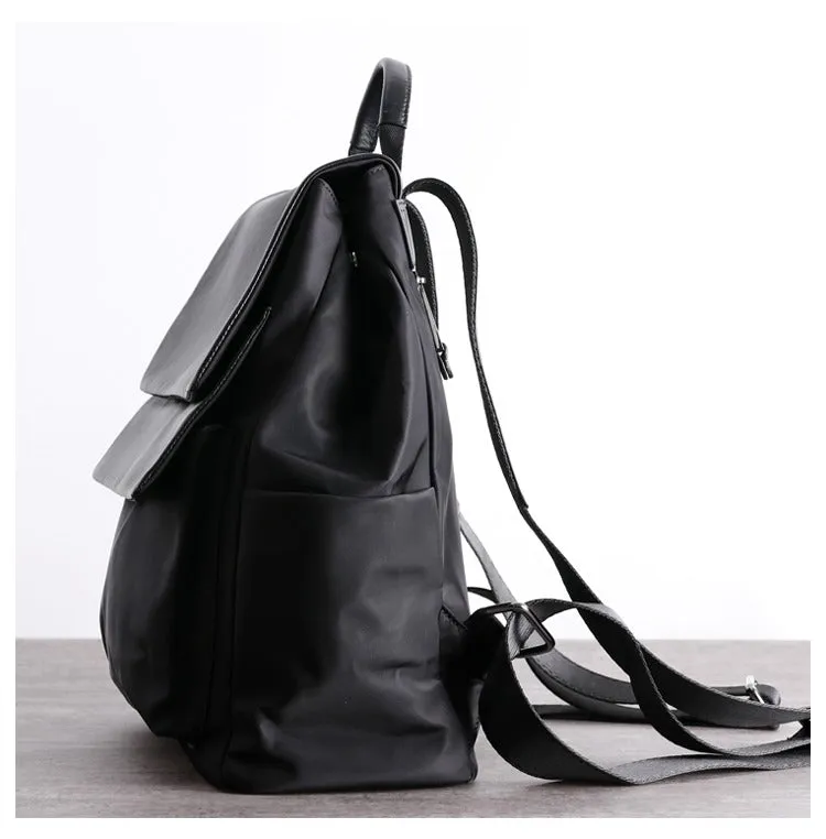 Black Nylon Satchel Backpack Womens School Backpacks Bag Nylon Leather Travel Rucksack for Ladies
