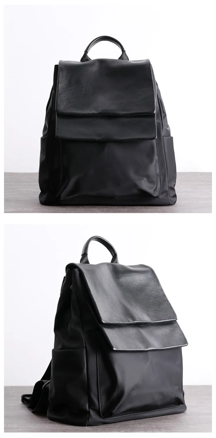 Black Nylon Satchel Backpack Womens School Backpacks Bag Nylon Leather Travel Rucksack for Ladies