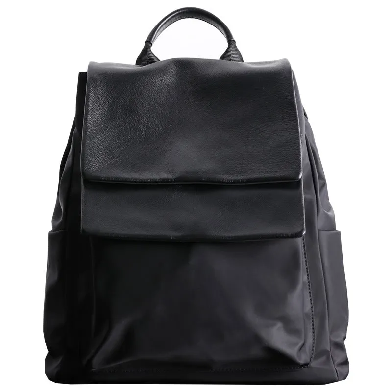 Black Nylon Satchel Backpack Womens School Backpacks Bag Nylon Leather Travel Rucksack for Ladies